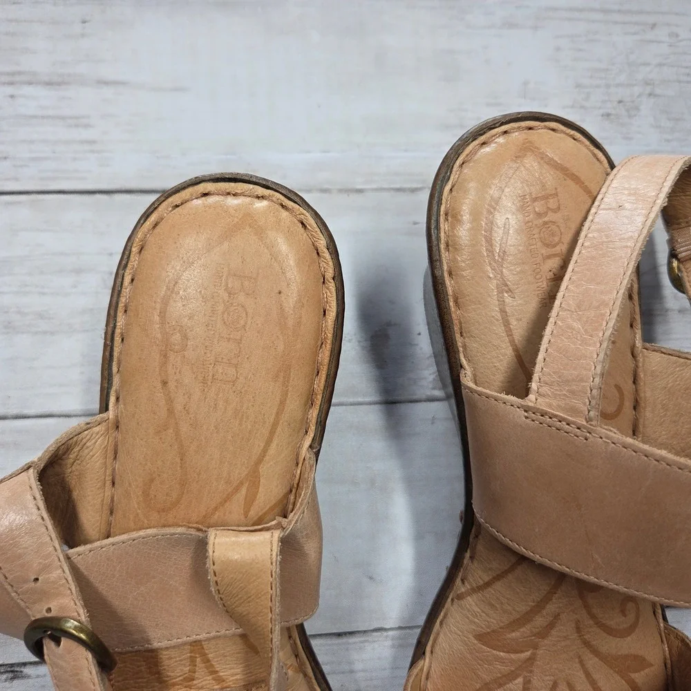 Born D91516 CCK15 Leather Wedge Slingback Sandals Women 12 Tan Nude Boho Comfort